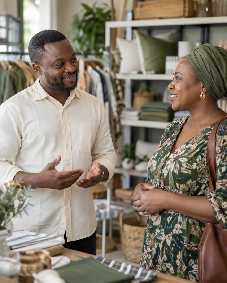 A business owner talking with a customer in a shop.