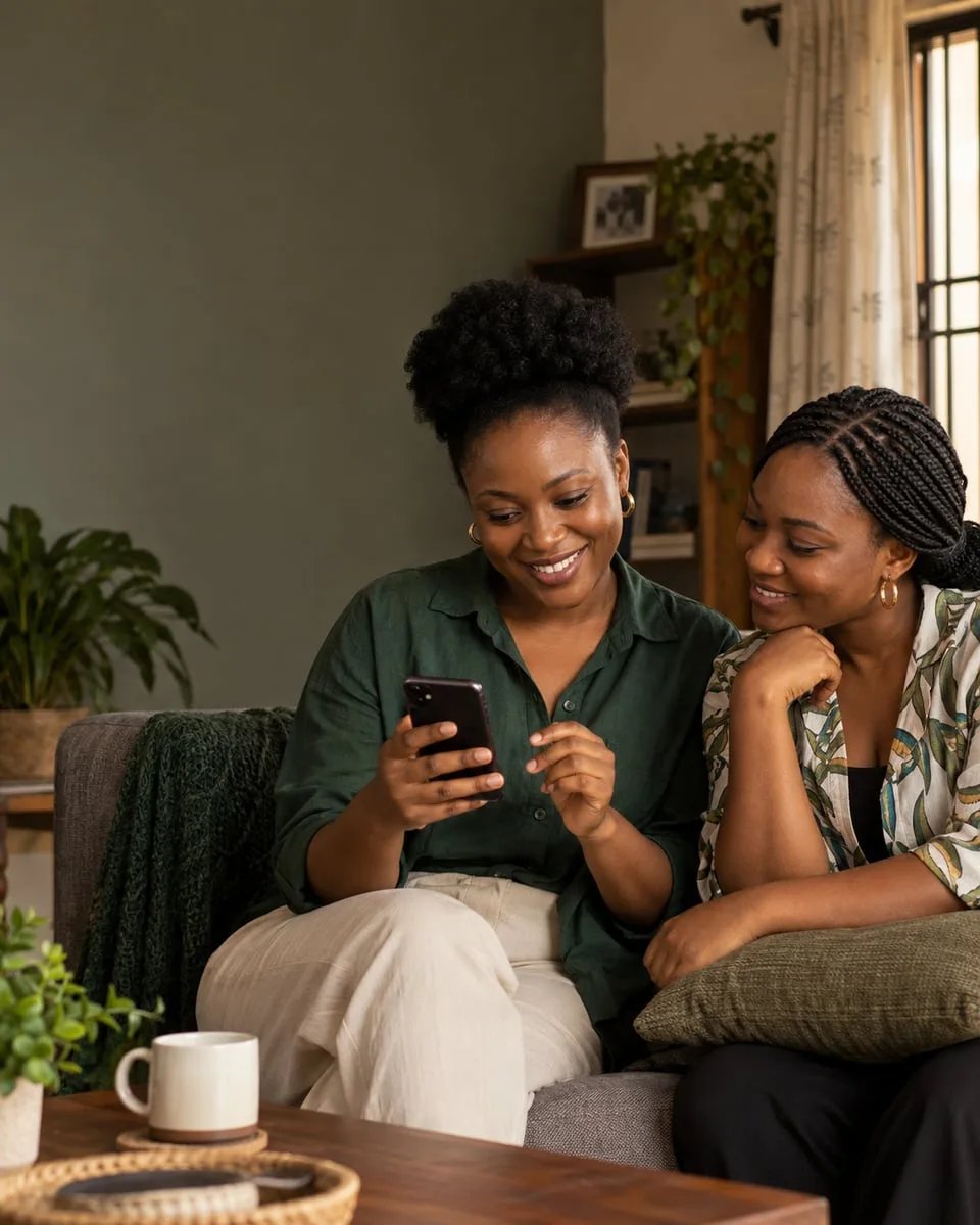 Two women sharing a conversation while looking at a phone.