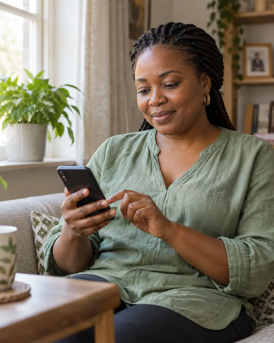 A woman sharing information through her phone at home.