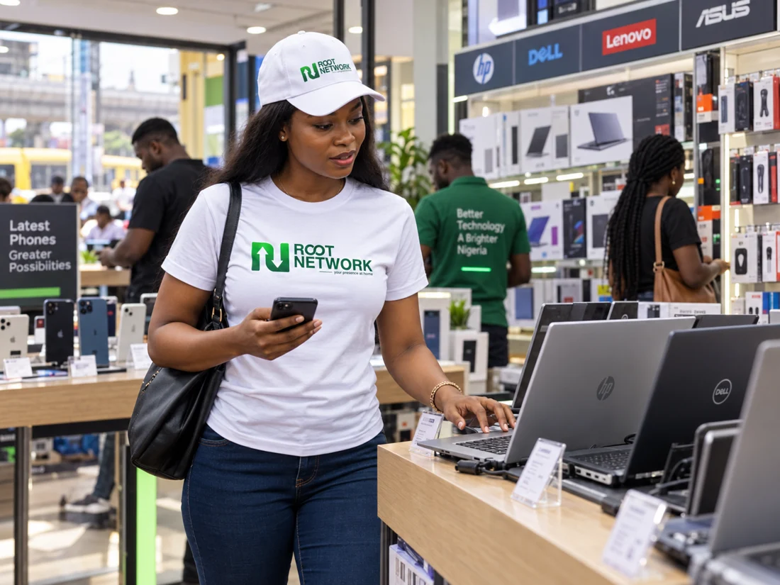 A female Root associate checking laptops in an electronics store.
