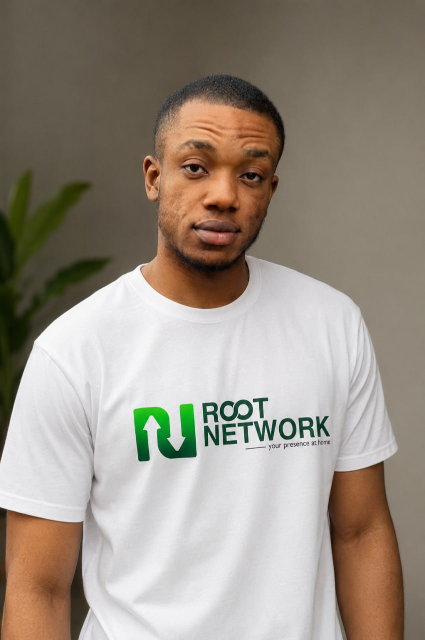 Nnamdi, Founder and CEO of Root Network, wearing a Root Network shirt