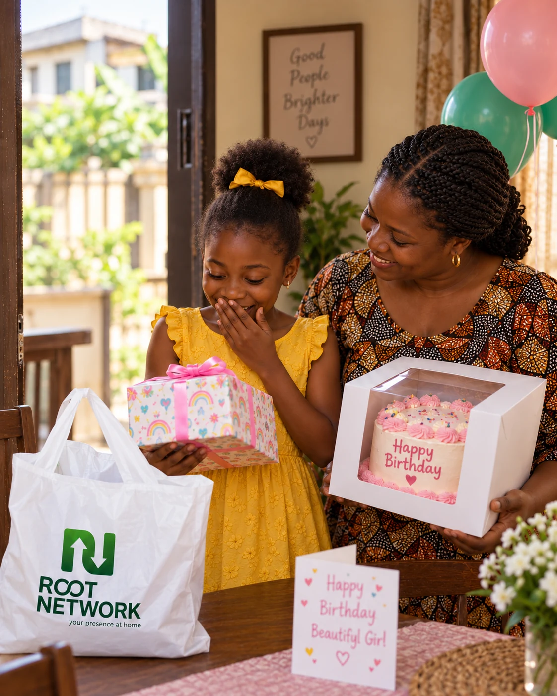 A delighted girl receiving a birthday gift and cake with her mother