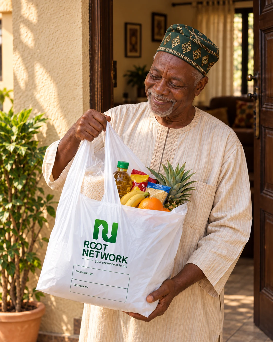 A smiling grandfather holding groceries in a Root Network bag at his doorway