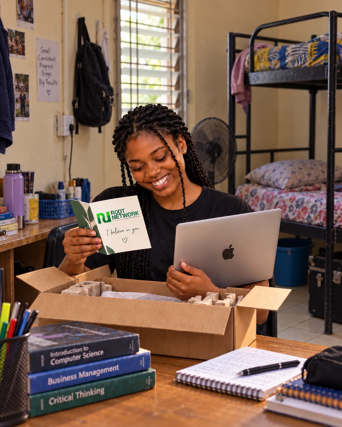 A smiling university student in her Nigerian hostel holding a MacBook and a Root Network gift card