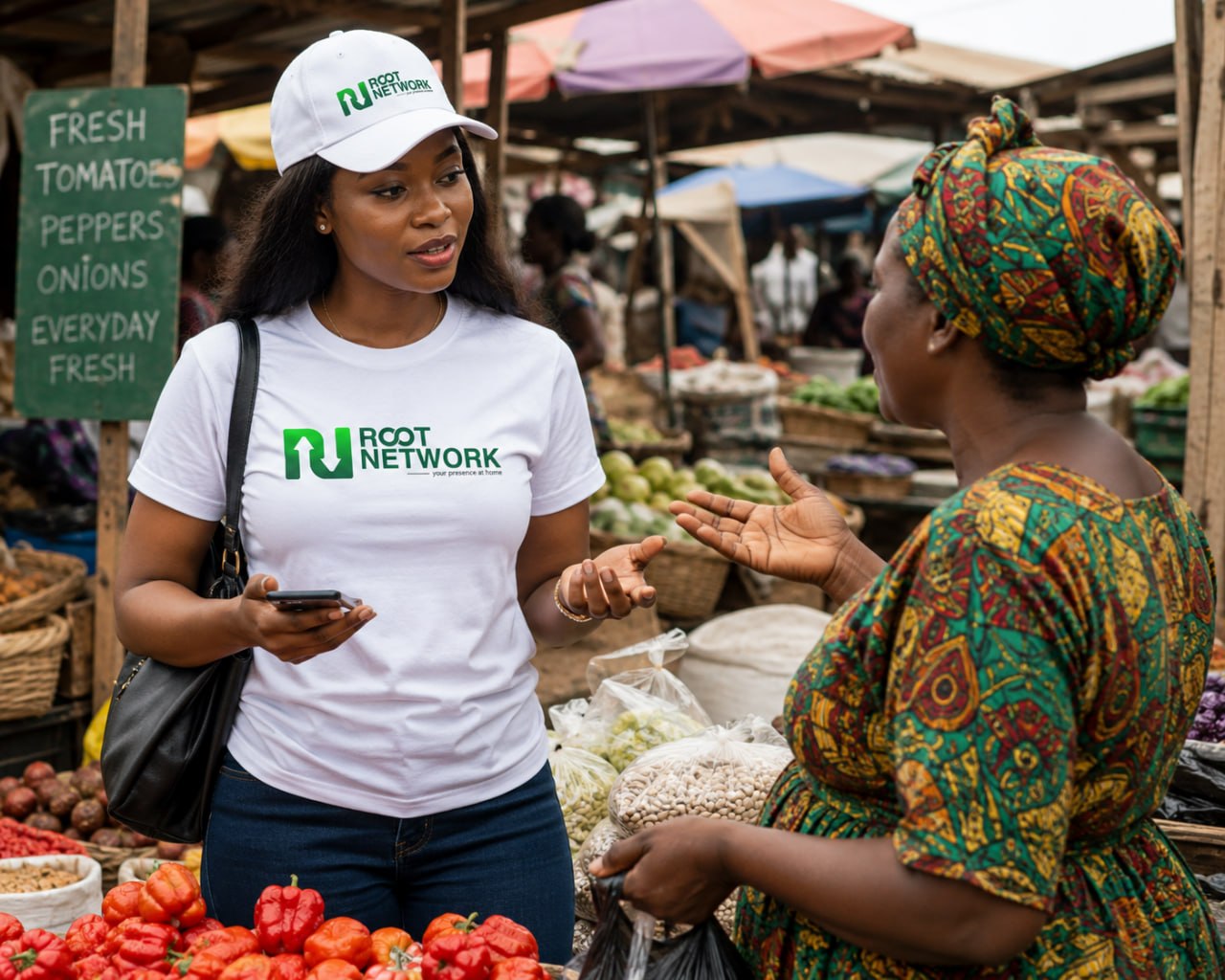 A female Root associate shopping for food at a local market.