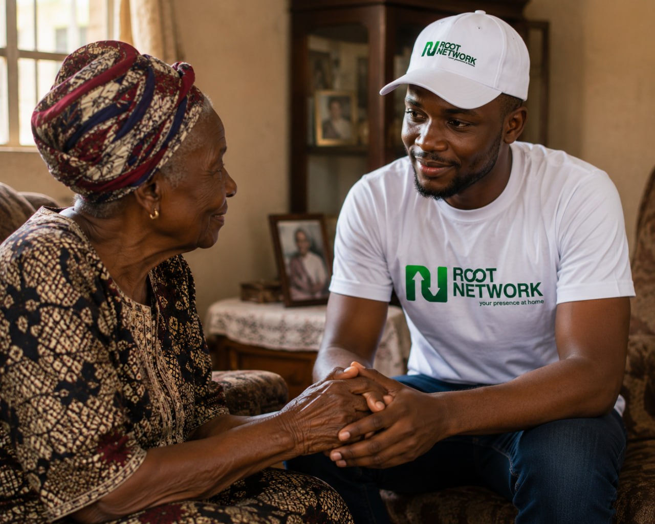 A Root Network team member talking with a family member at home